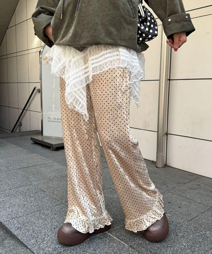 拼色圖案天鵝絨荷葉邊褲〈波點／花卉〉