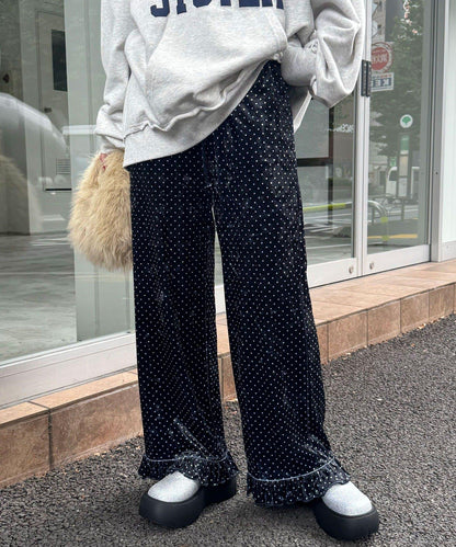 拼色圖案天鵝絨荷葉邊褲〈波點／花卉〉