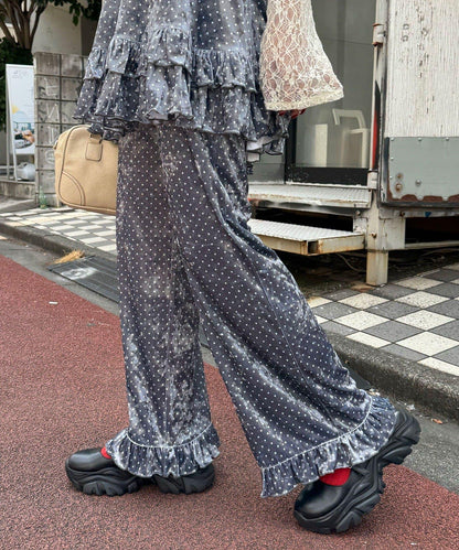 拼色圖案天鵝絨荷葉邊褲〈波點／花卉〉