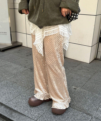 拼色圖案天鵝絨荷葉邊褲〈波點／花卉〉