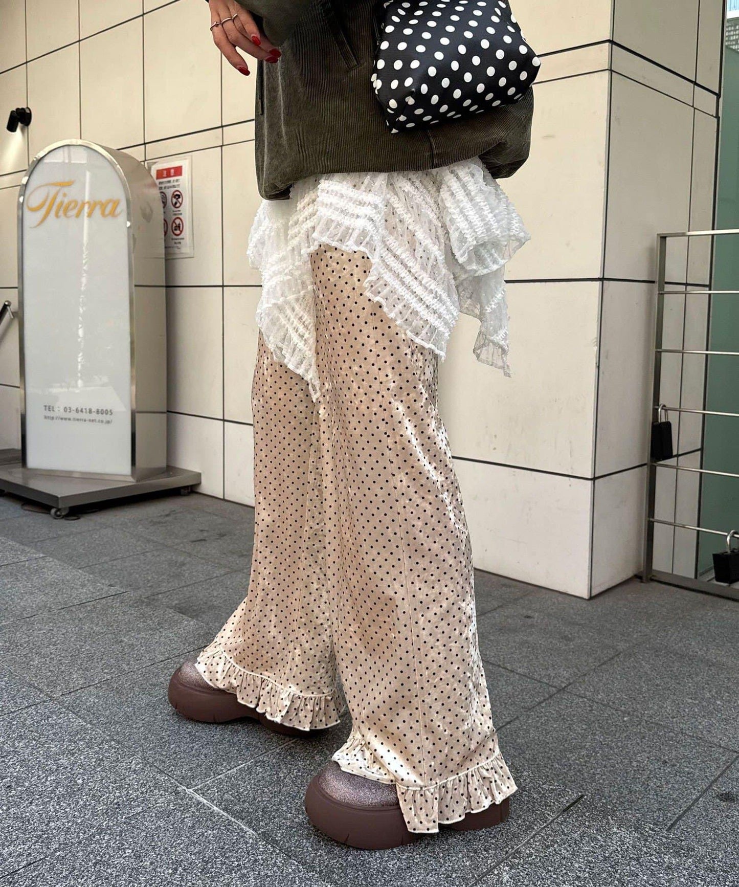 拼色圖案天鵝絨荷葉邊褲〈波點／花卉〉