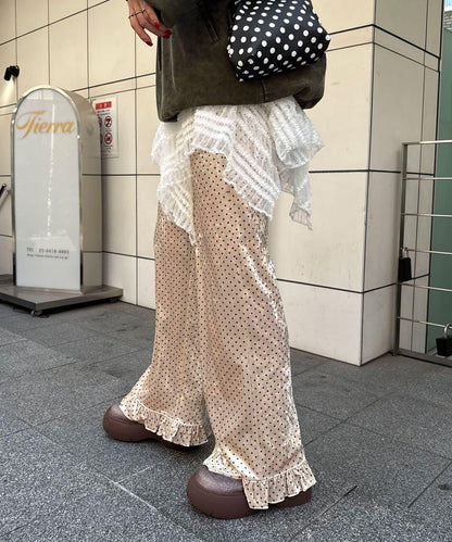 拼色圖案天鵝絨荷葉邊褲〈波點／花卉〉