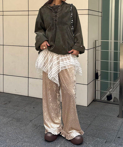 拼色圖案天鵝絨荷葉邊褲〈波點／花卉〉