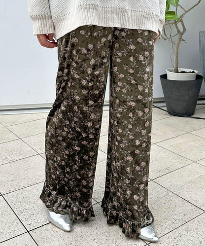 拼色圖案天鵝絨荷葉邊褲〈波點／花卉〉