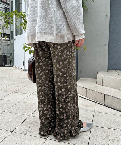 拼色圖案天鵝絨荷葉邊褲〈波點／花卉〉