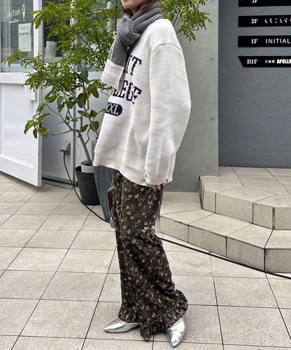 拼色圖案天鵝絨荷葉邊褲〈波點／花卉〉