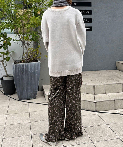 拼色圖案天鵝絨荷葉邊褲〈波點／花卉〉