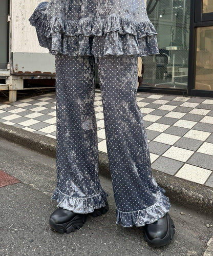 拼色圖案天鵝絨荷葉邊褲〈波點／花卉〉