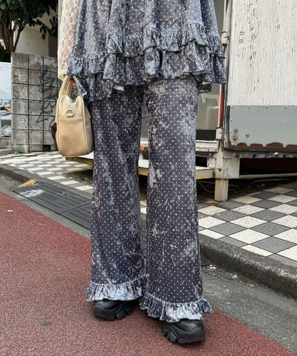 拼色圖案天鵝絨荷葉邊褲〈波點／花卉〉