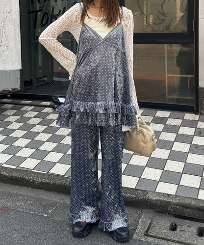 拼色圖案天鵝絨荷葉邊褲〈波點／花卉〉