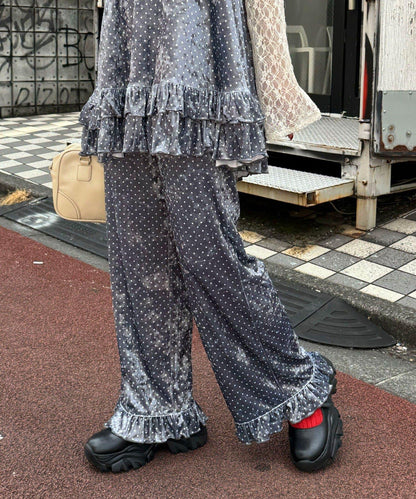 拼色圖案天鵝絨荷葉邊褲〈波點／花卉〉