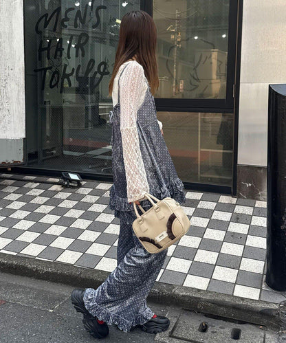 拼色圖案天鵝絨荷葉邊褲〈波點／花卉〉