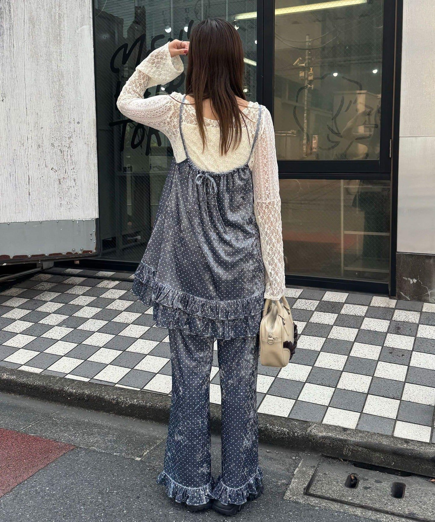 拼色圖案天鵝絨荷葉邊褲〈波點／花卉〉