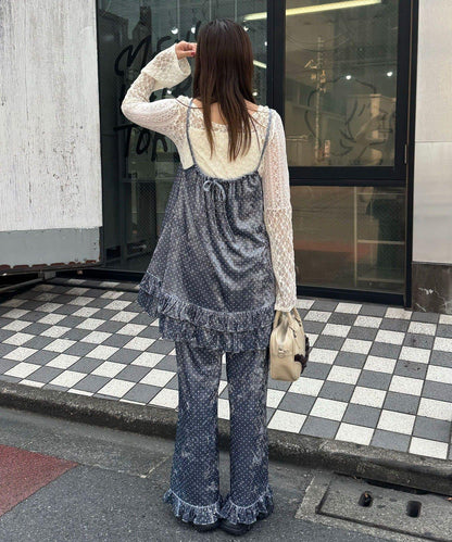 拼色圖案天鵝絨荷葉邊褲〈波點／花卉〉