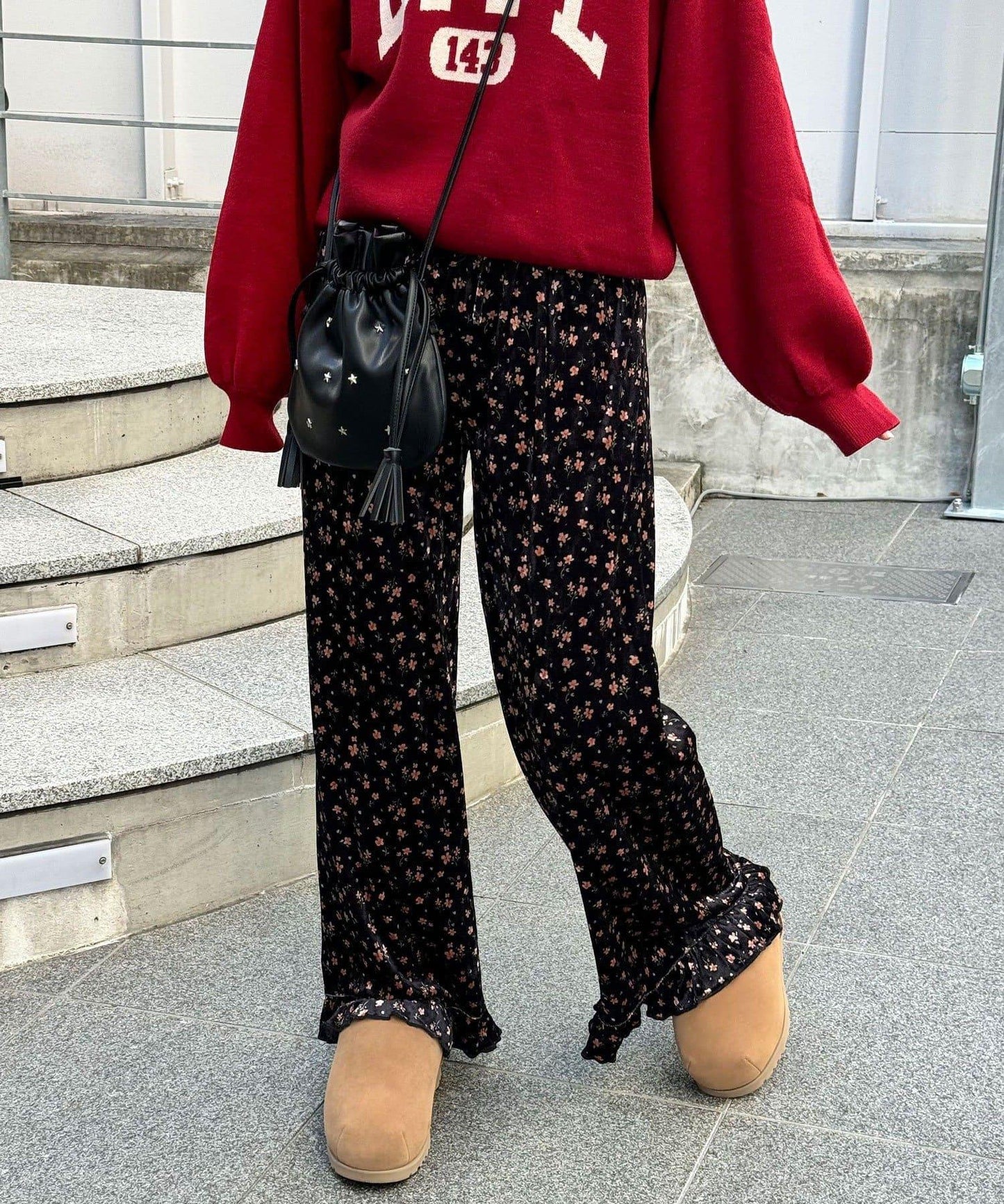 拼色圖案天鵝絨荷葉邊褲〈波點／花卉〉