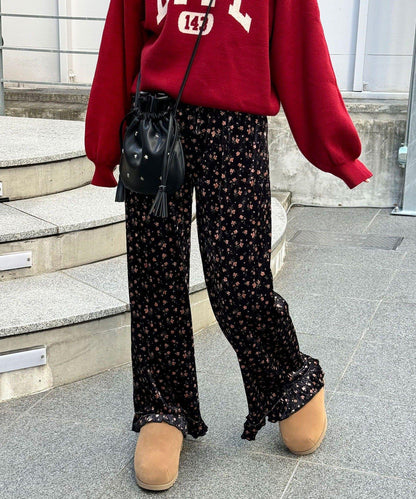 拼色圖案天鵝絨荷葉邊褲〈波點／花卉〉