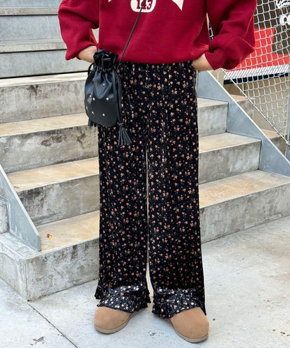 拼色圖案天鵝絨荷葉邊褲〈波點／花卉〉