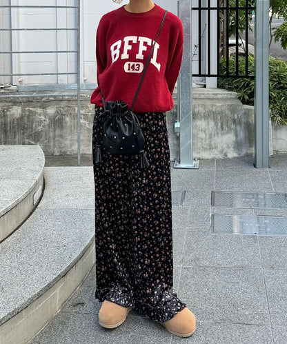 拼色圖案天鵝絨荷葉邊褲〈波點／花卉〉