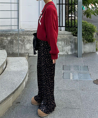 拼色圖案天鵝絨荷葉邊褲〈波點／花卉〉