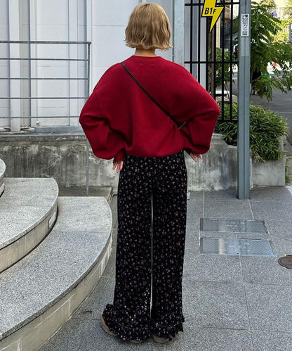 拼色圖案天鵝絨荷葉邊褲〈波點／花卉〉