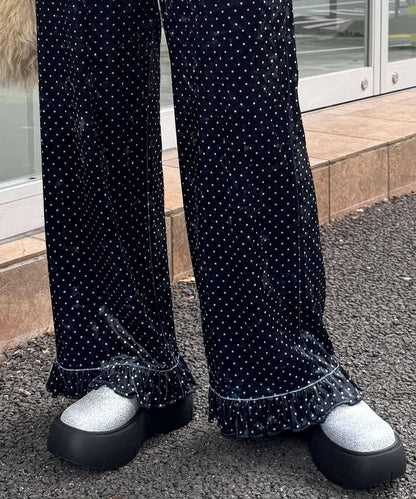 拼色圖案天鵝絨荷葉邊褲〈波點／花卉〉