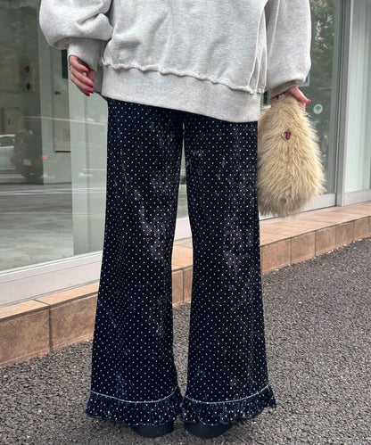 拼色圖案天鵝絨荷葉邊褲〈波點／花卉〉