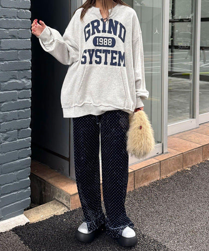 拼色圖案天鵝絨荷葉邊褲〈波點／花卉〉