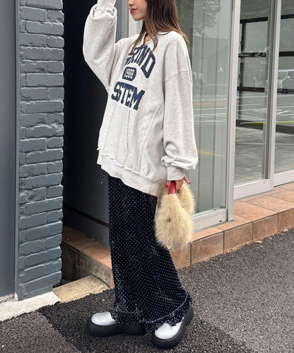 拼色圖案天鵝絨荷葉邊褲〈波點／花卉〉