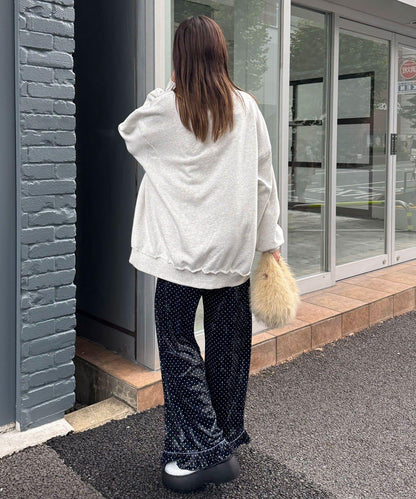 拼色圖案天鵝絨荷葉邊褲〈波點／花卉〉