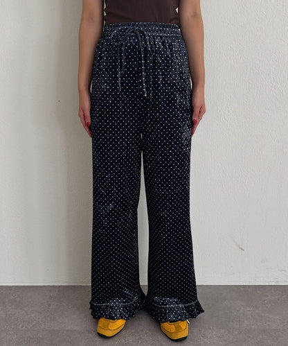 拼色圖案天鵝絨荷葉邊褲〈波點／花卉〉