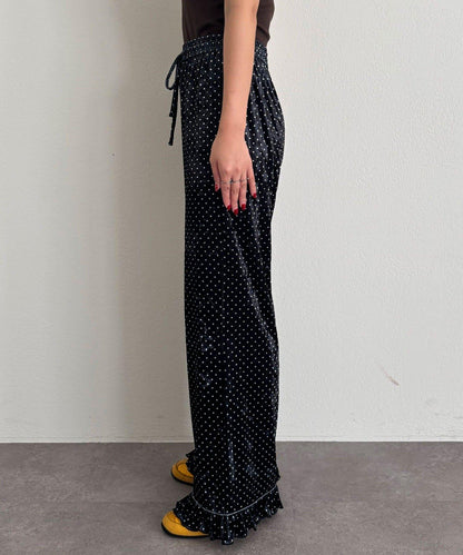 拼色圖案天鵝絨荷葉邊褲〈波點／花卉〉