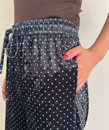 拼色圖案天鵝絨荷葉邊褲〈波點／花卉〉