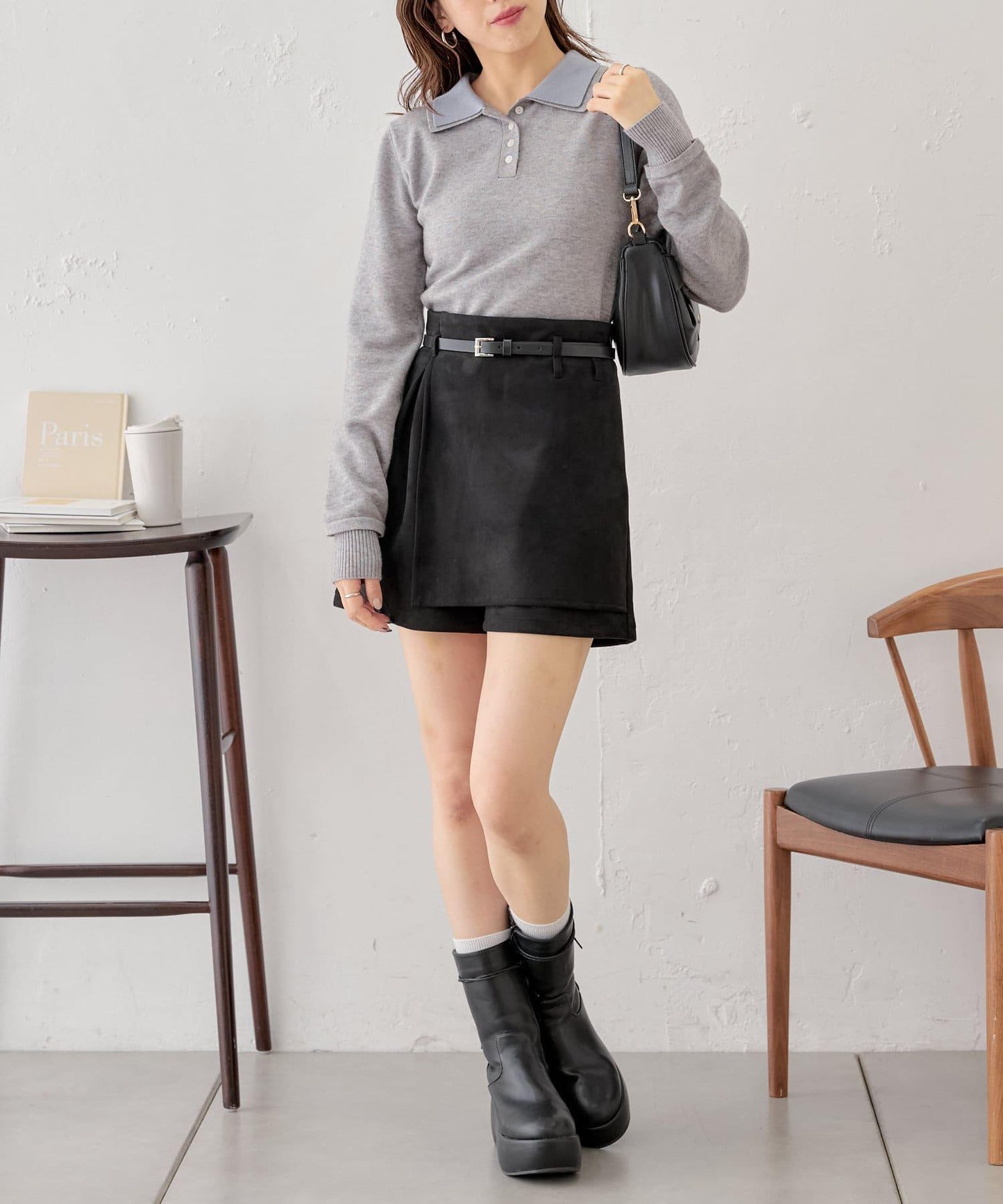 【Chico】附腰帶麂皮褶皺短褲