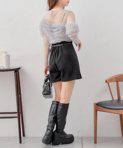 【Chico】附腰帶麂皮褶皺短褲