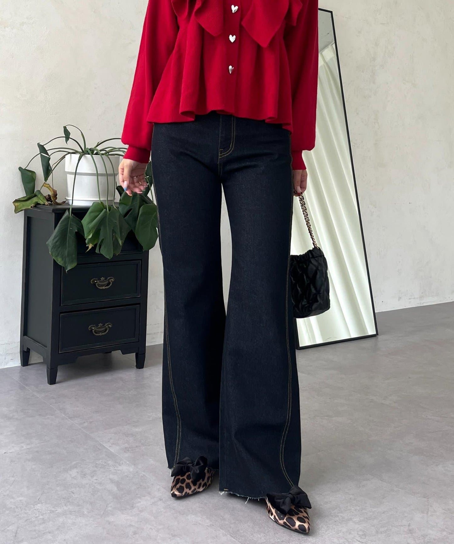 高腰鬆緊帶彈力微喇牛仔褲