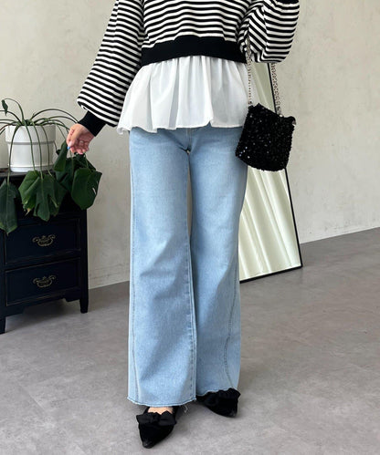 高腰鬆緊帶彈力微喇牛仔褲