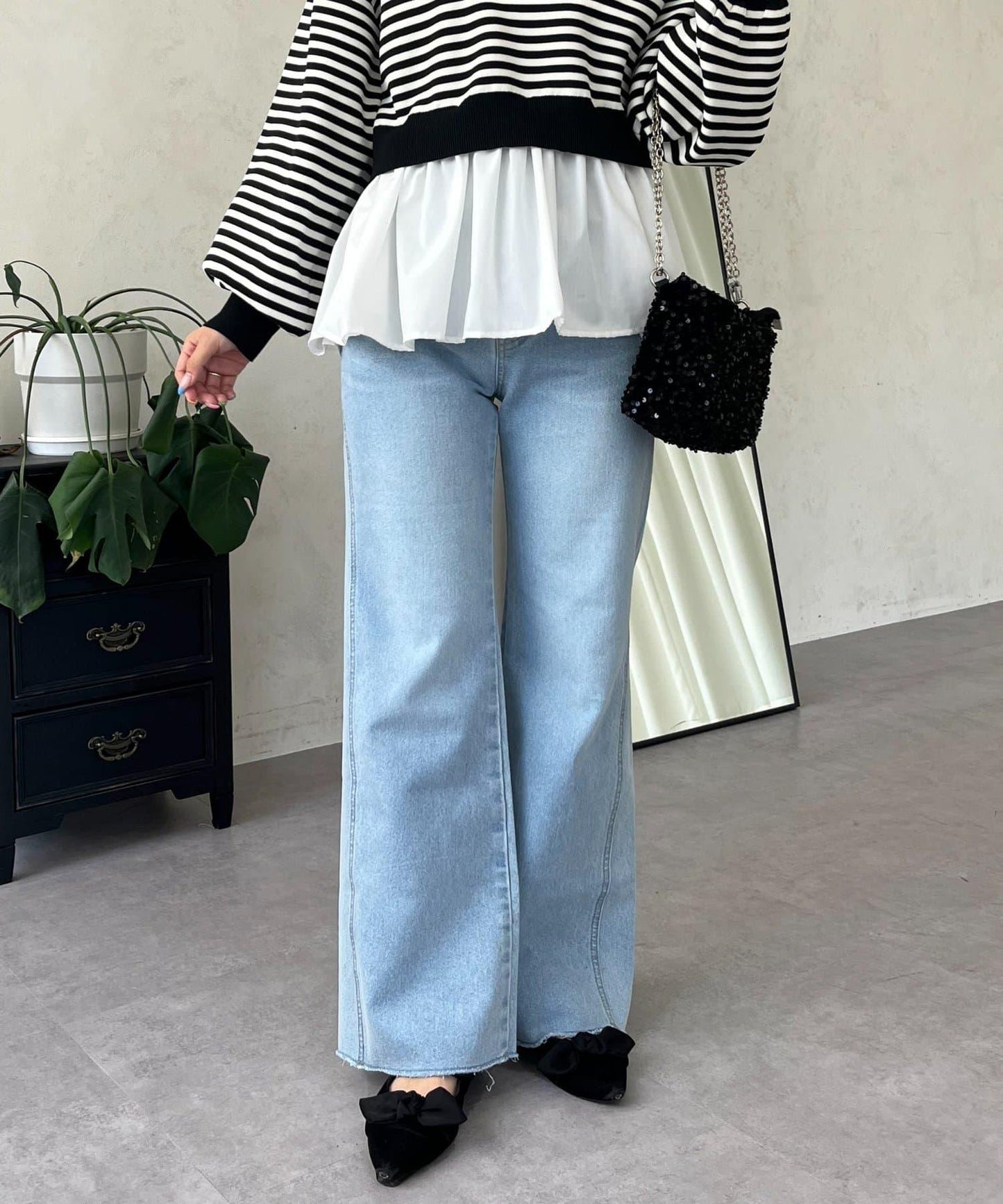 高腰鬆緊帶彈力微喇牛仔褲