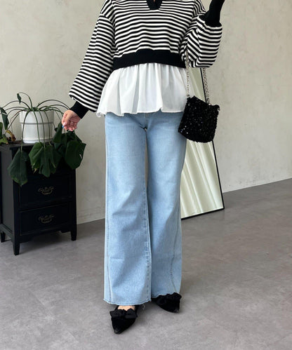 高腰鬆緊帶彈力微喇牛仔褲