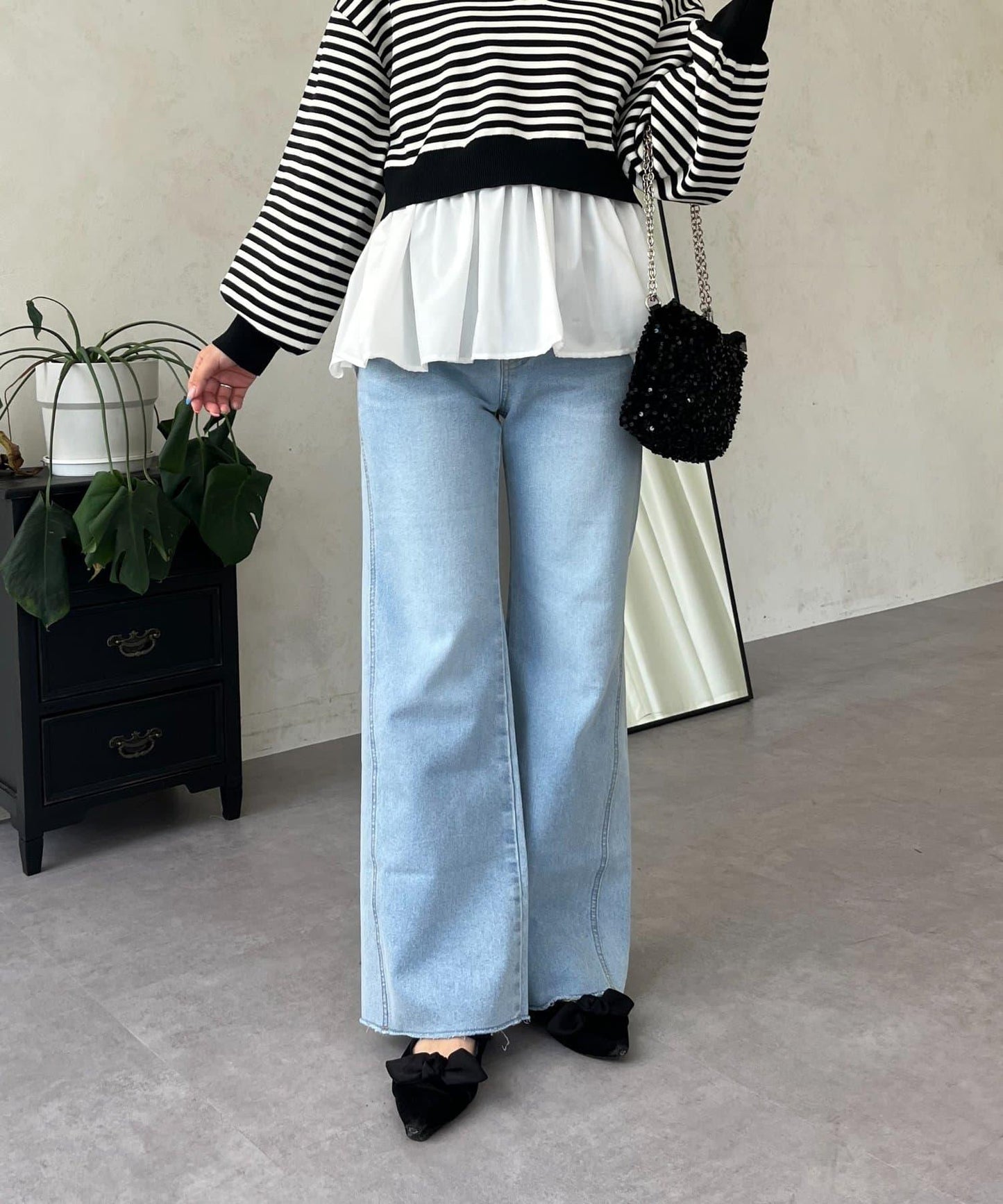 高腰鬆緊帶彈力微喇牛仔褲