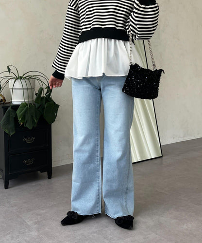 高腰鬆緊帶彈力微喇牛仔褲