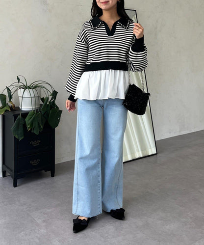 高腰鬆緊帶彈力微喇牛仔褲