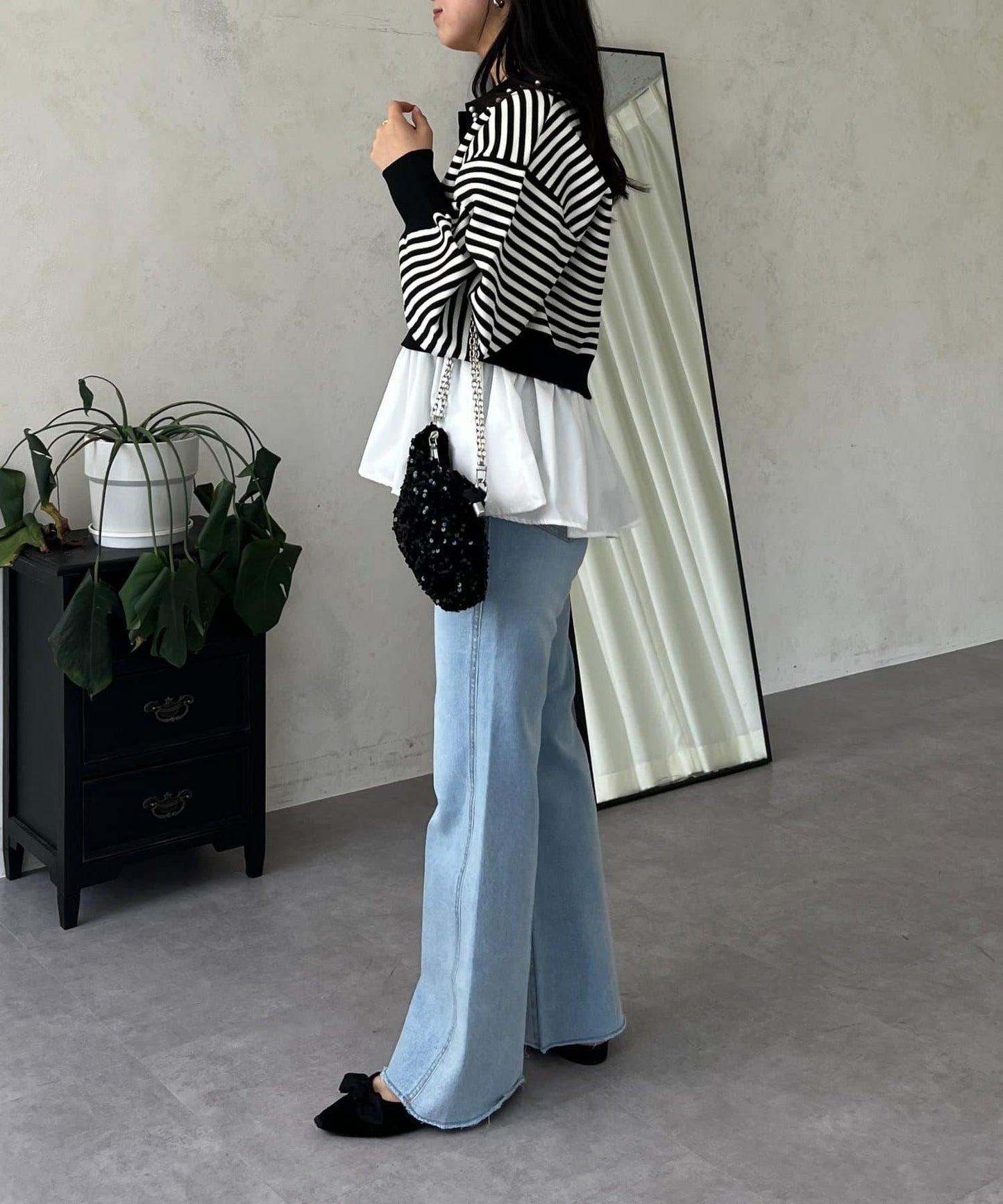 高腰鬆緊帶彈力微喇牛仔褲