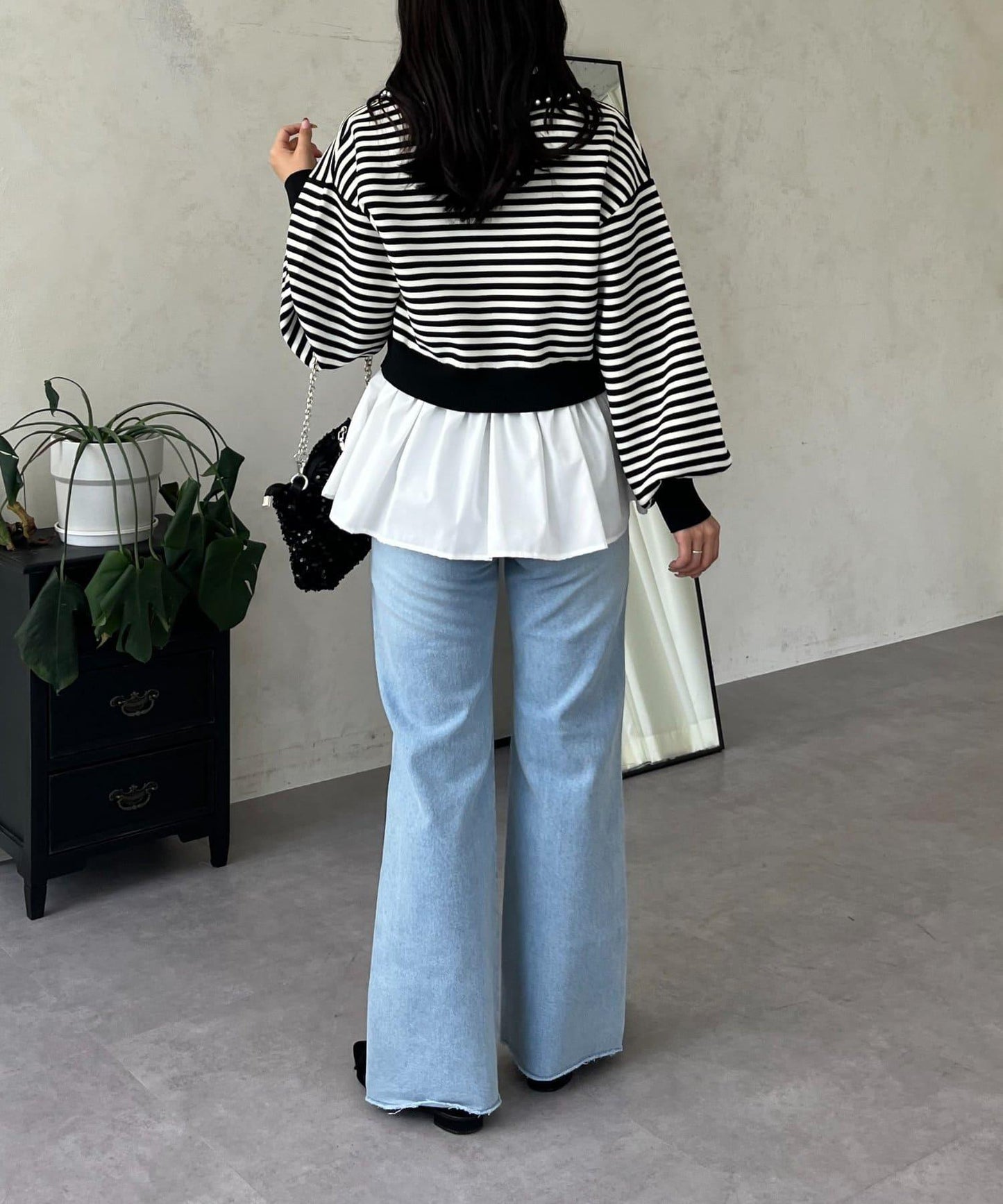 高腰鬆緊帶彈力微喇牛仔褲