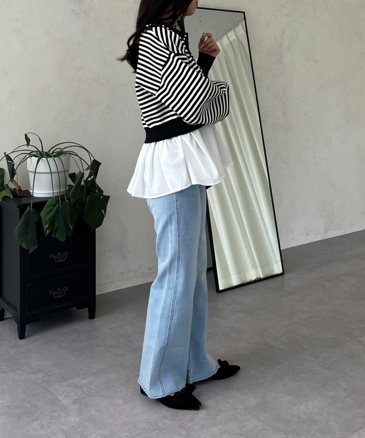 高腰鬆緊帶彈力微喇牛仔褲