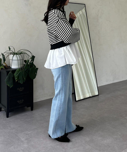 高腰鬆緊帶彈力微喇牛仔褲