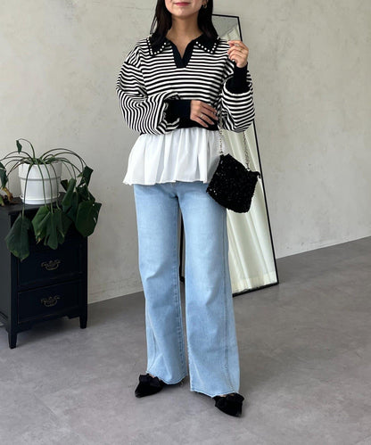 高腰鬆緊帶彈力微喇牛仔褲