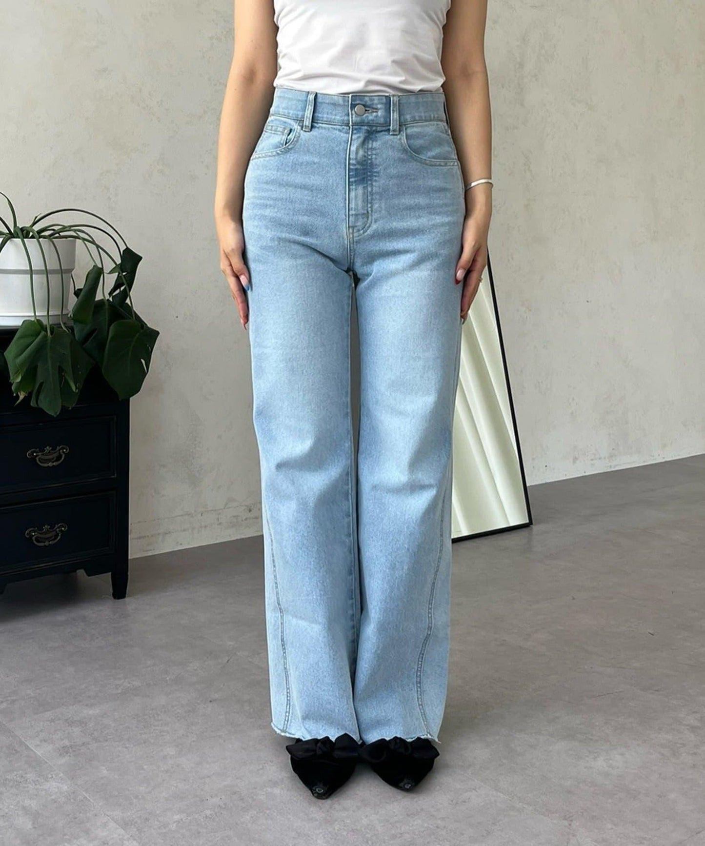 高腰鬆緊帶彈力微喇牛仔褲