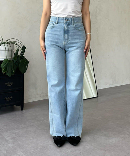 高腰鬆緊帶彈力微喇牛仔褲