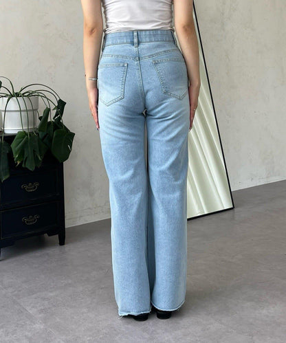 高腰鬆緊帶彈力微喇牛仔褲