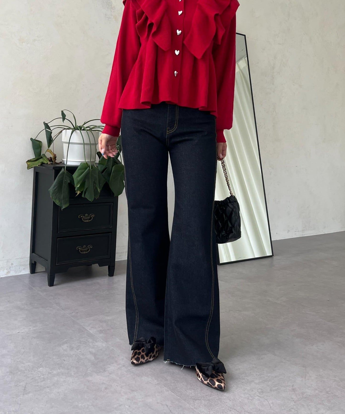 高腰鬆緊帶彈力微喇牛仔褲